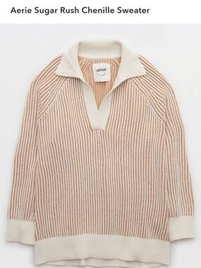 aerie Cream and Tan Chenille V-Neck Polo Sweater